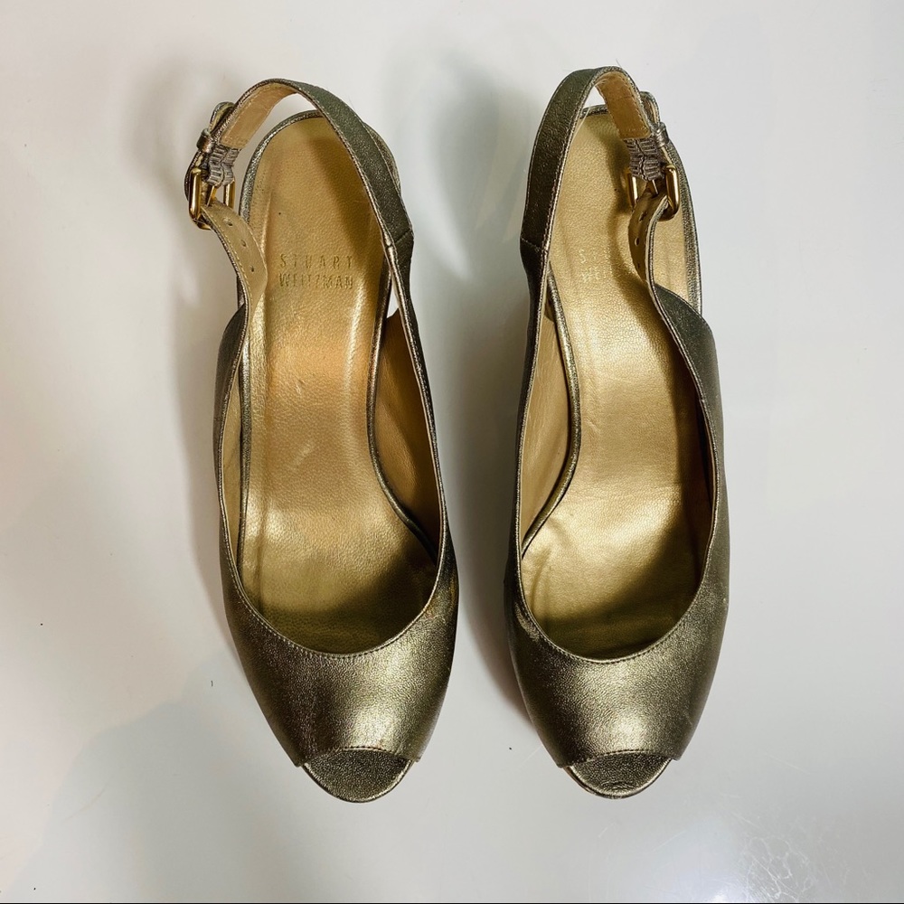 STUART WEITZMAN- cork wedge gold sling backs